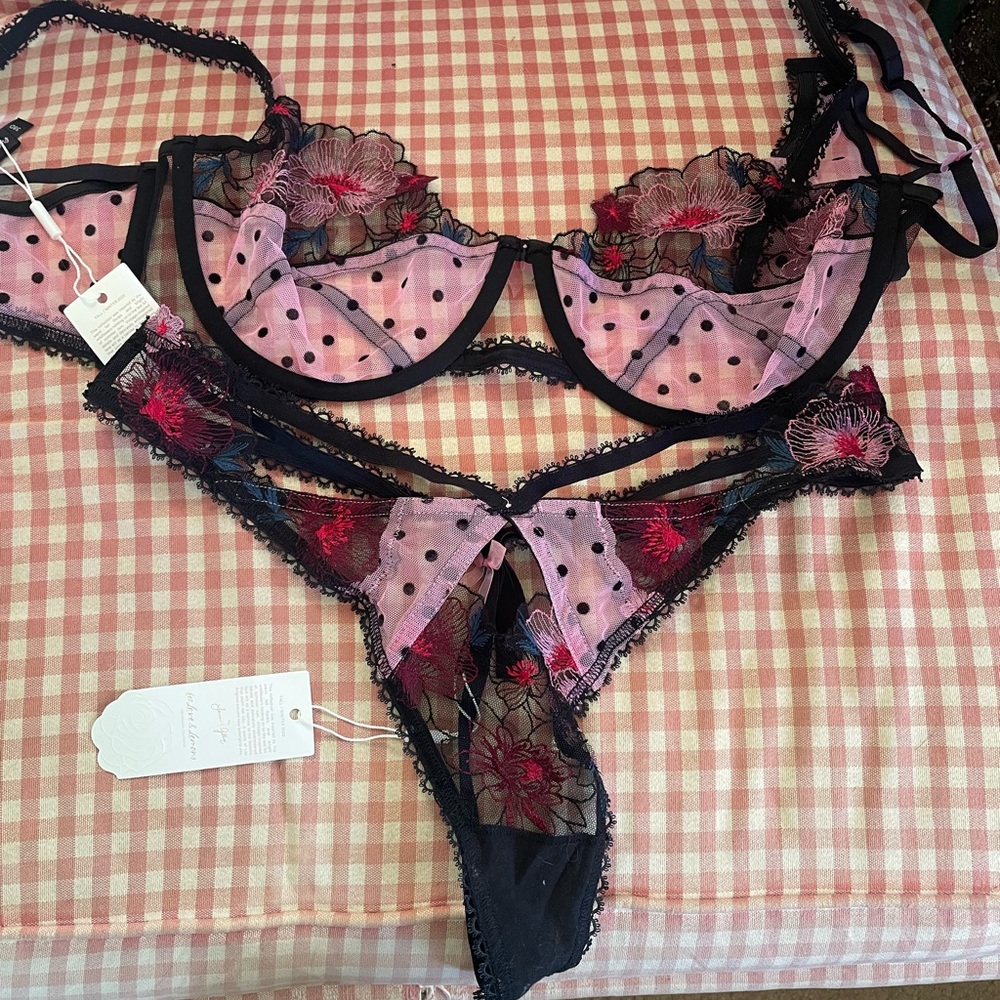 For Love And Lemons Pink and Black Floral Sheer Lace Bra & Thong Set